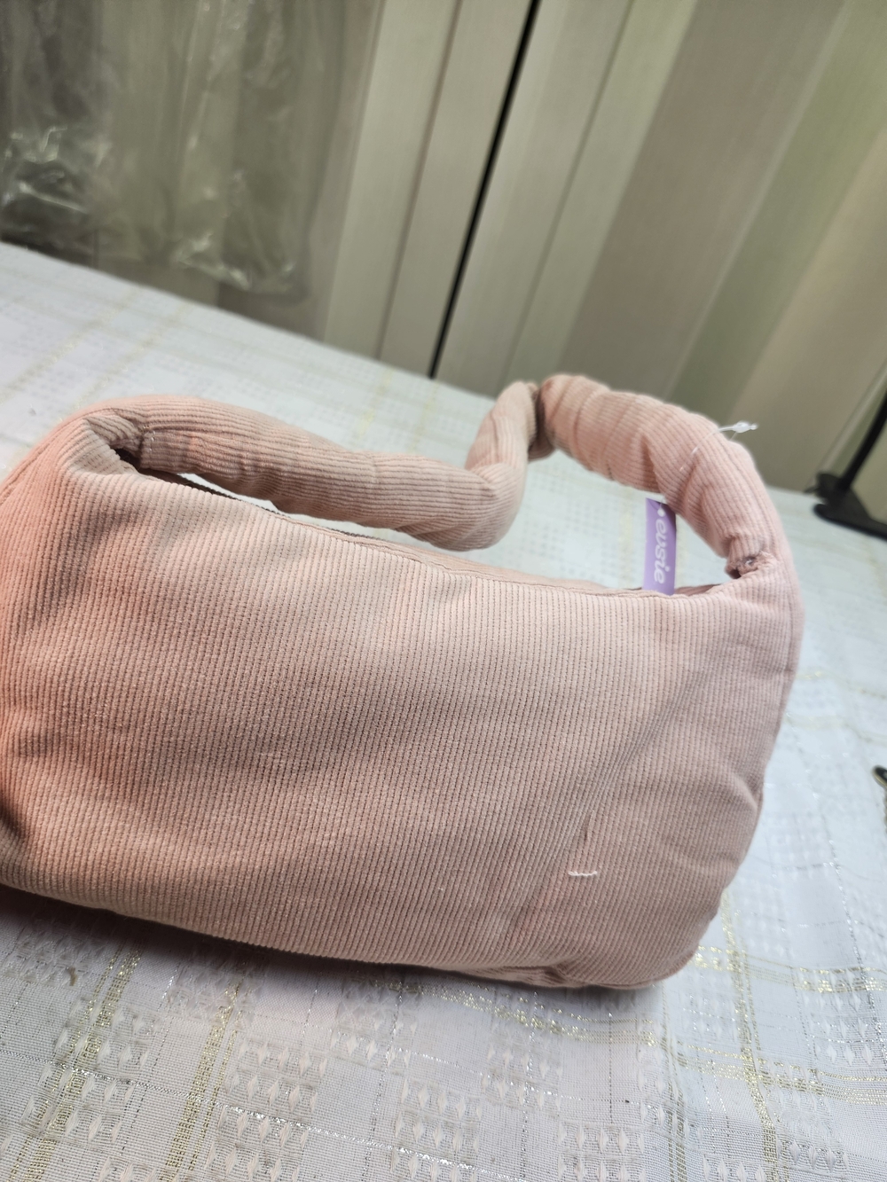 Soft Pink Corduroy Shoulder Bag with Padded Handle